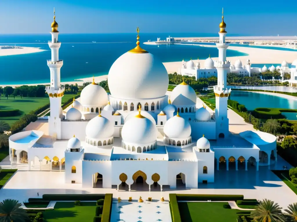 Vista aérea de la majestuosa Mezquita Sheikh Zayed en Abu Dabi, con sus cúpulas blancas y minaretes resplandecientes destacando contra el cielo azul