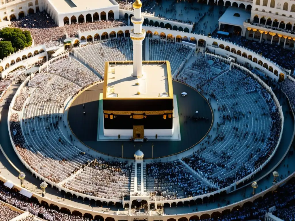 Una vista aérea de la Mezquita de La Meca durante el Hajj, con multitudes de fieles rodeando la Kaaba