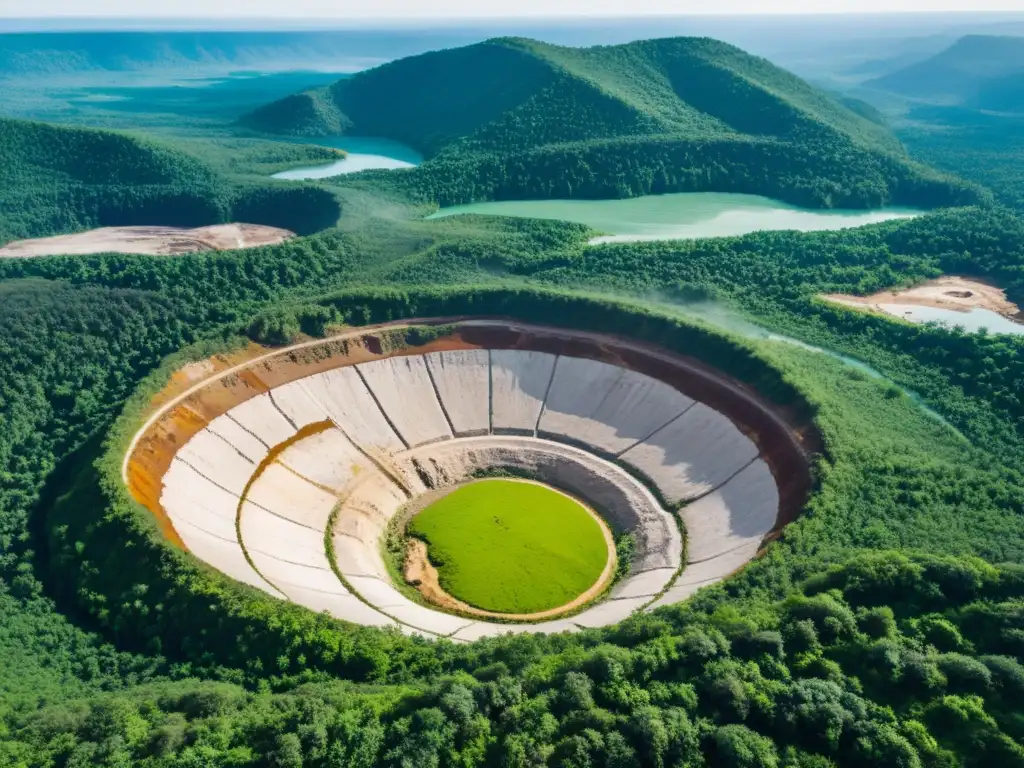 Vista aérea de mina a cielo abierto rodeada de bosque y comunidades indígenas