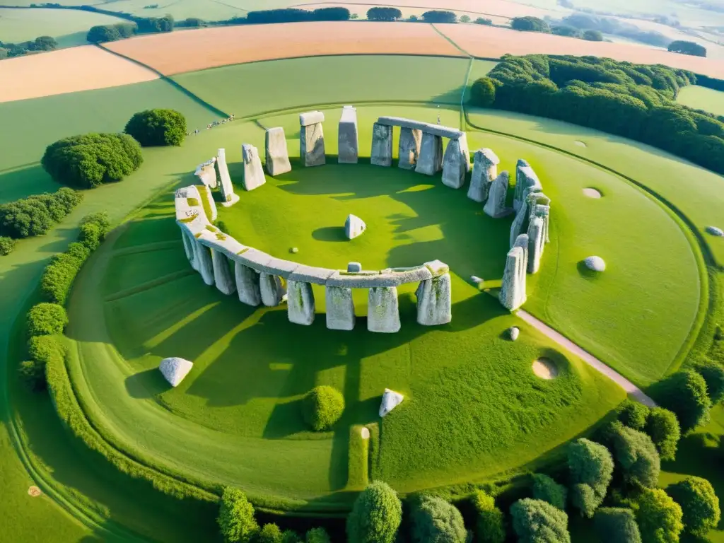 Vista aérea de Stonehenge al amanecer, con misterio neolítico y paisaje verde exuberante