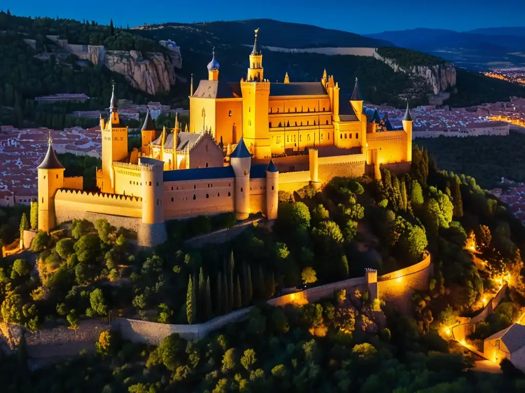 Vista aérea nocturna del Alcázar de Segovia iluminado por cálidas luces doradas, destacando su majestuosa arquitectura