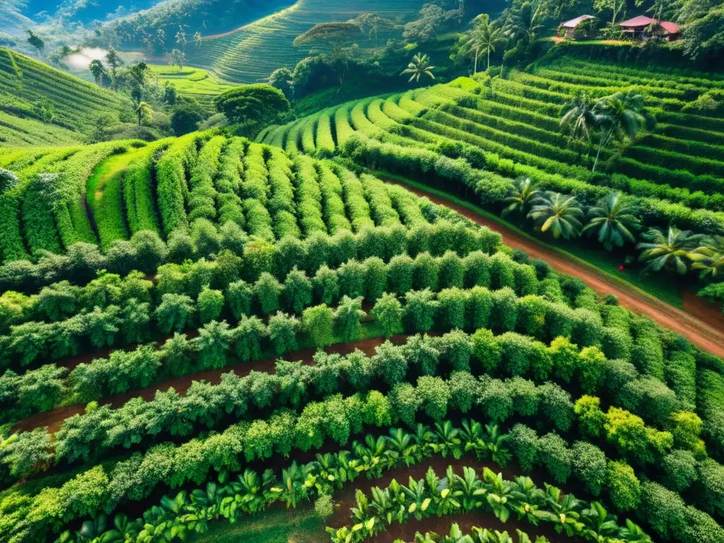 Vista aérea de una plantación de café en las colinas tropicales, con trabajadores y cafetales