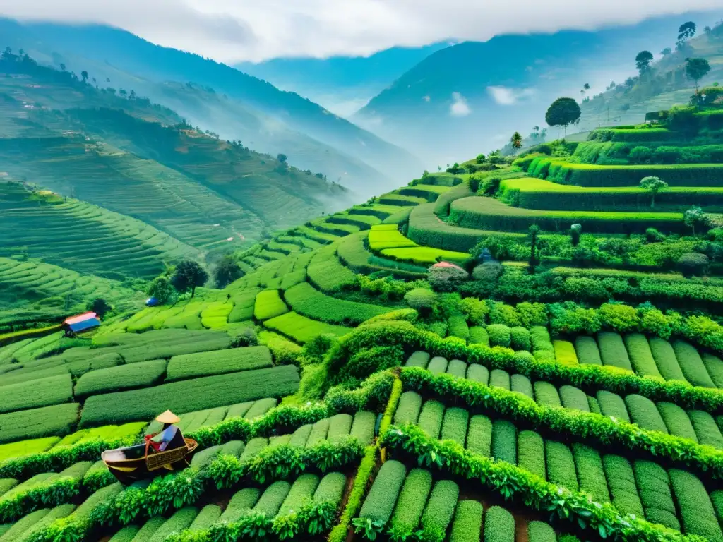 Vista aérea de plantaciones de té en Darjeeling, con trabajadores cuidando las hojas entre colinas verdes