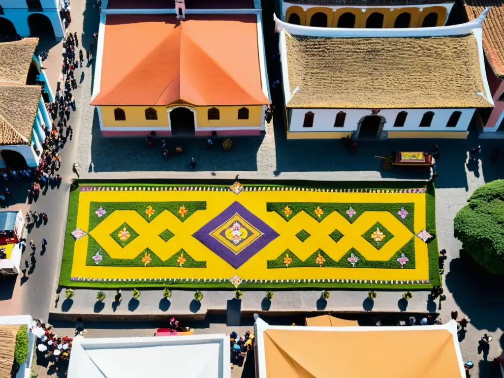 Semana Santa en Antigua Guatemala: Procesiones y Alfombras Coloridas Vista aérea de las procesiones de Semana Santa en Antigua Guatemala, con coloridos tapetes de aserrín y fervor religioso