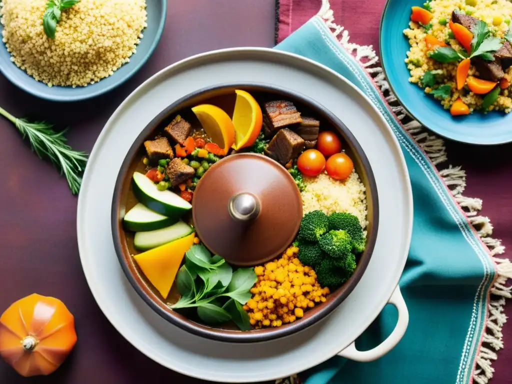 Vista aérea de un tagine marroquí con couscous, cordero y verduras, rodeado de textiles y cerámica tradicionales