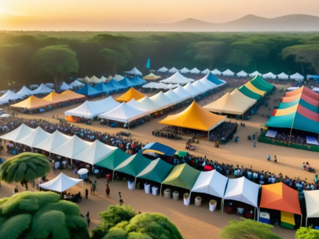 Vista aérea de un vibrante festival de música en África Francófona, con coloridas tiendas y escenarios rodeados de exuberante vegetación