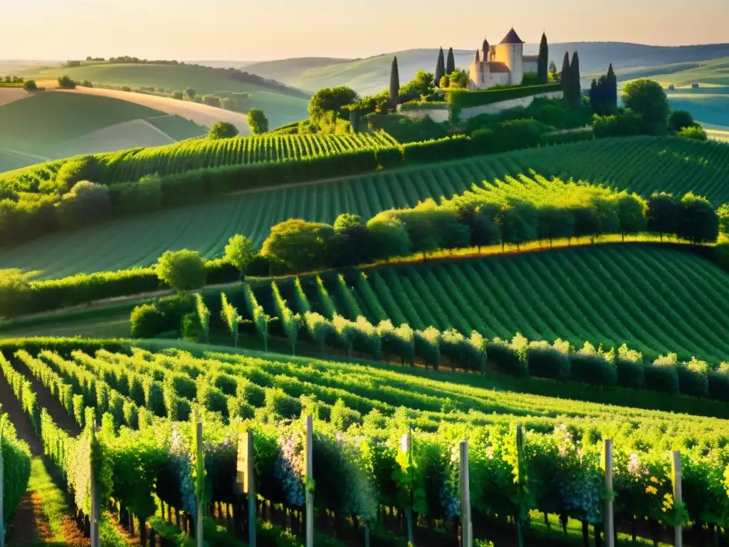 Vista aérea de viñedos verdes en la campiña francesa con un château al fondo