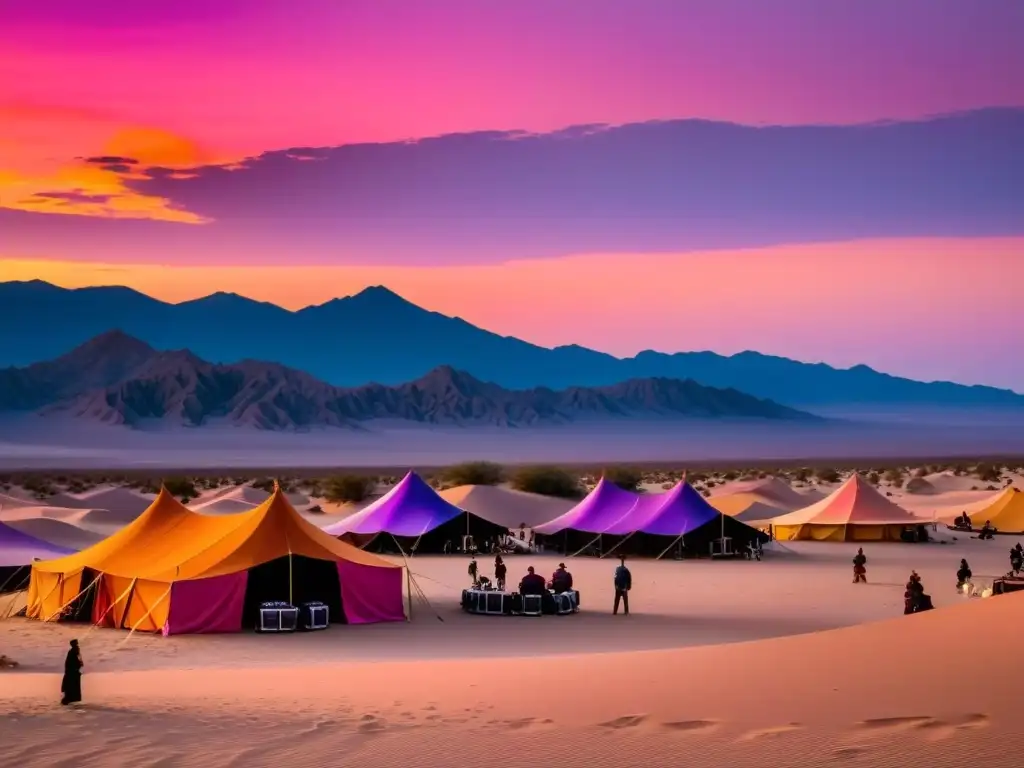 Vista amplia del desierto al atardecer con preparativos para el Festival de Música del Sáhara, irradiando emoción y anticipación