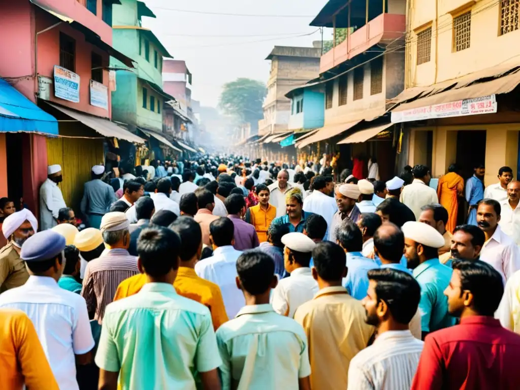 Vista de una bulliciosa calle en la India, con personas de diferentes castas realizando sus actividades diarias