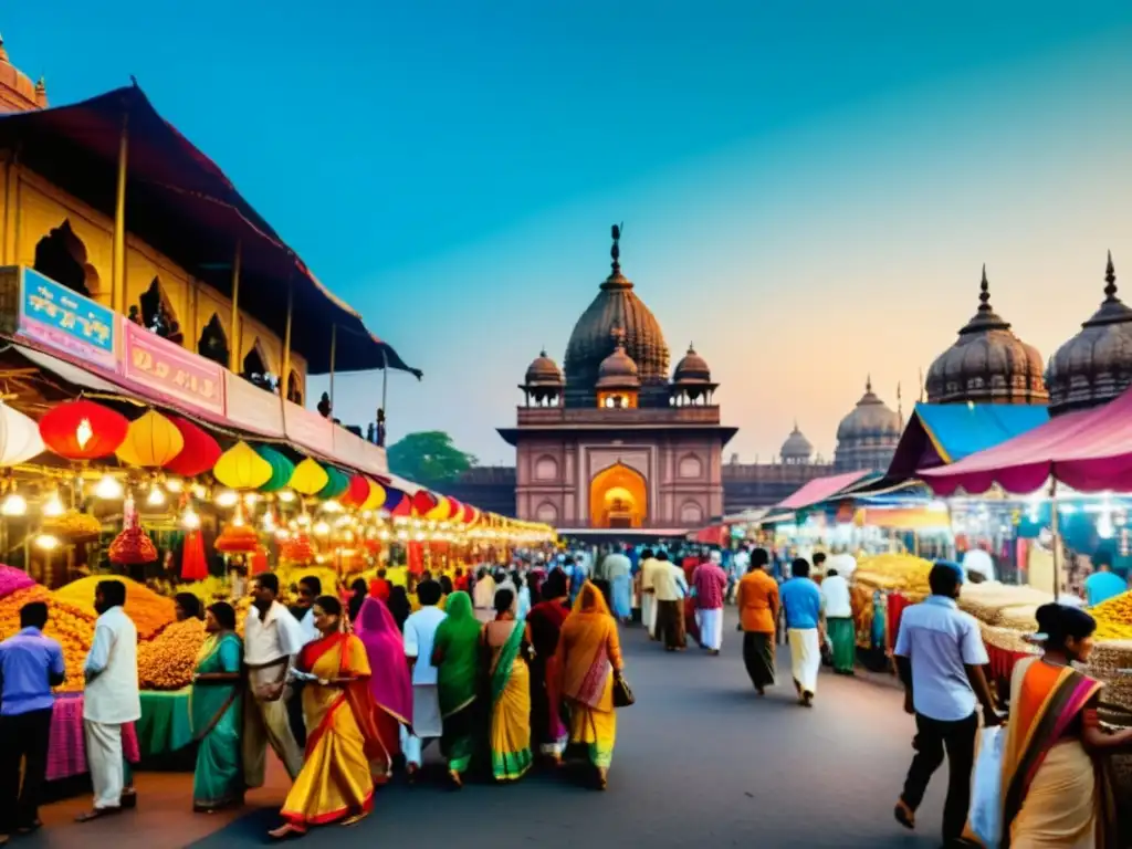 Vista colorida del sistema de castas en la India, con mercado bullicioso y templo majestuoso al fondo