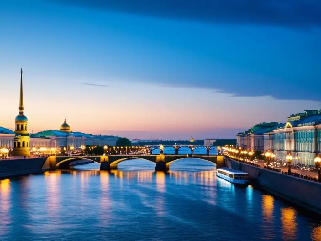 Vista deslumbrante del Puente del Palacio en San Petersburgo, Rusia, durante las Noches Blancas, con la ciudad iluminada reflejada en el río Neva