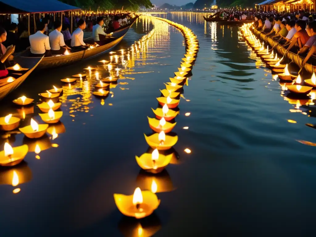 Vista deslumbrante del río en Tailandia durante el festival de Loi Krathong, con krathongs iluminados por velas y celebrantes disfrutando de la tradición festiva tailandesa