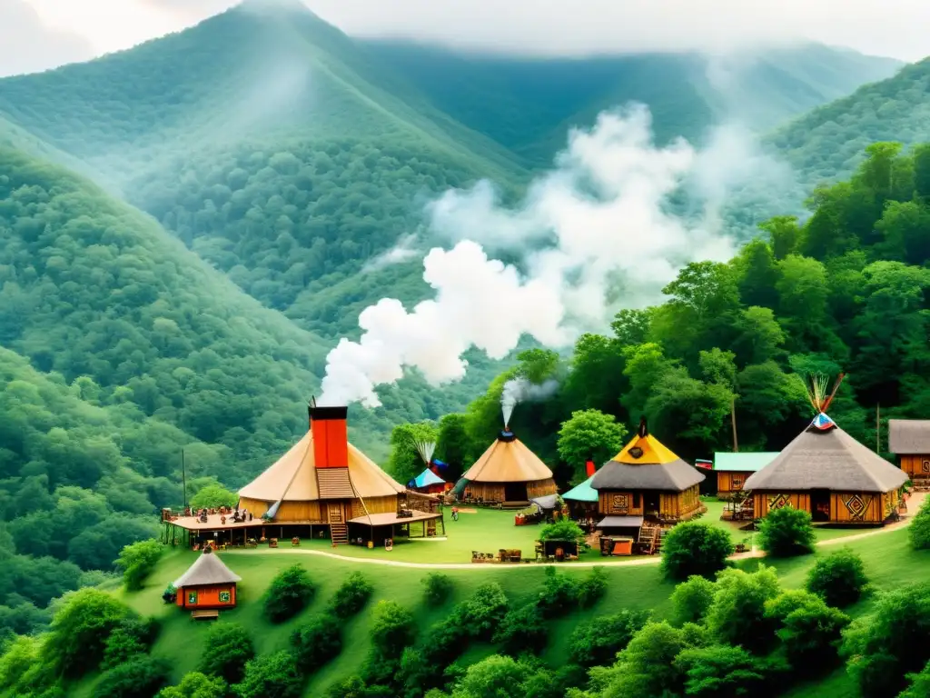 Vista detallada de una aldea Cherokee en las montañas, con casas de madera adornadas y miembros de la comunidad participando en tradiciones culturales