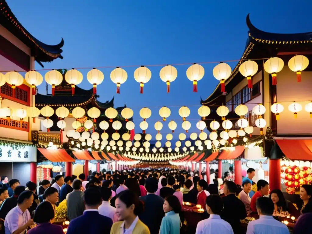 Vista detallada de un animado festival de la Luna en Taiwán, con coloridas linternas, tradiciones y música asiática