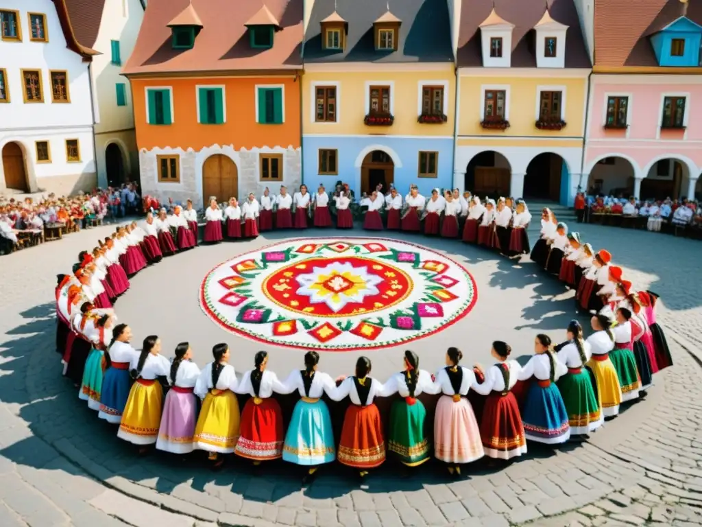 Vista detallada del Baile de la Cinta Europa del Este, muestra alegre celebración en una colorida plaza de pueblo con danzas y músicos tradicionales