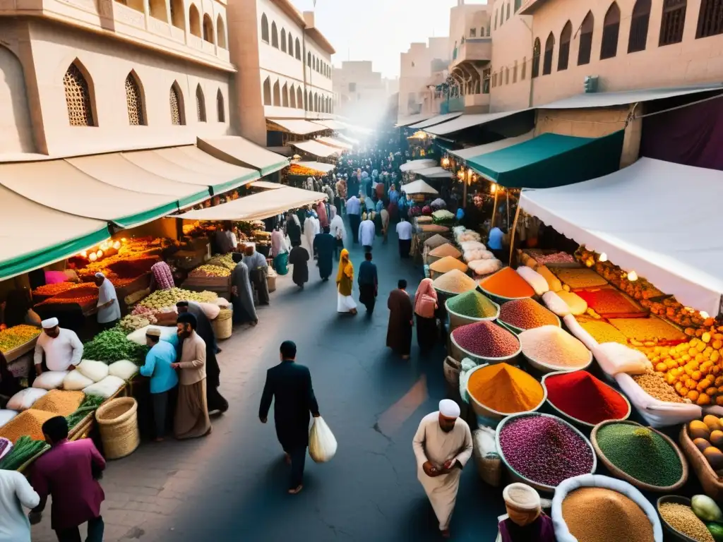 Vista detallada de un bullicioso mercado en Oriente Medio durante el Ramadán, con colores vibrantes y una atmósfera animada