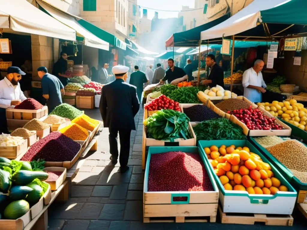 Vista detallada del bullicioso mercado al aire libre en Israel, donde la gastronomía judía brilla con tradiciones culinarias vibrantes y coloridas