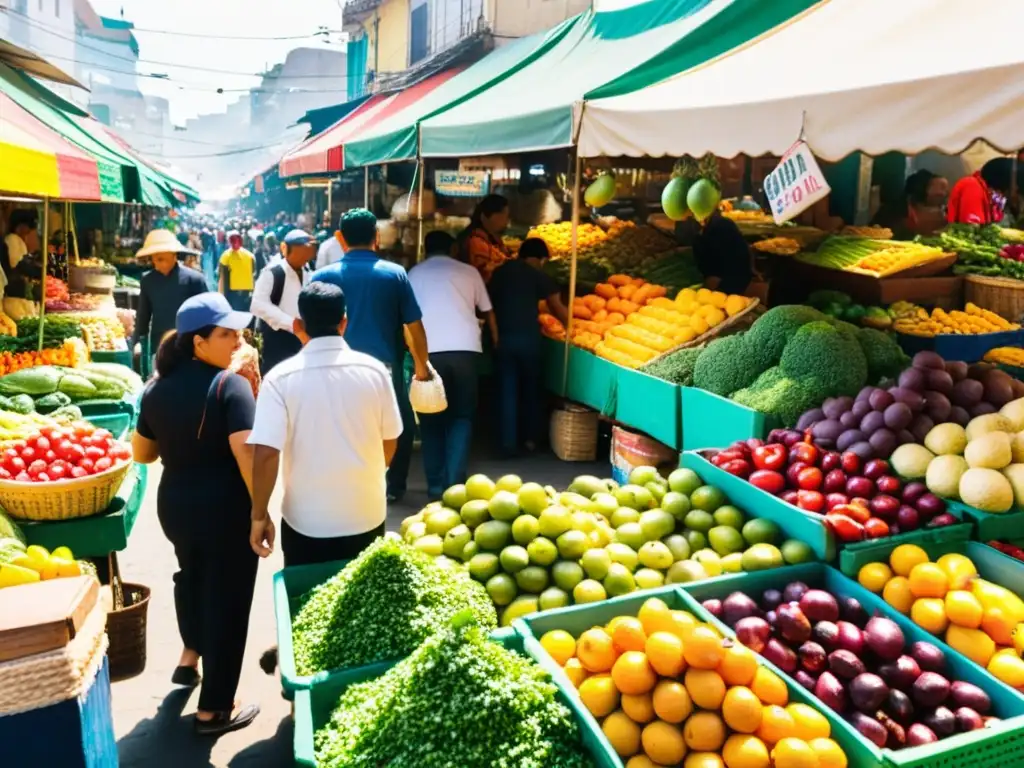 Vista detallada de un bullicioso mercado de alimentos en Lima, Perú, con una variedad colorida de frutas frescas, verduras y delicias locales