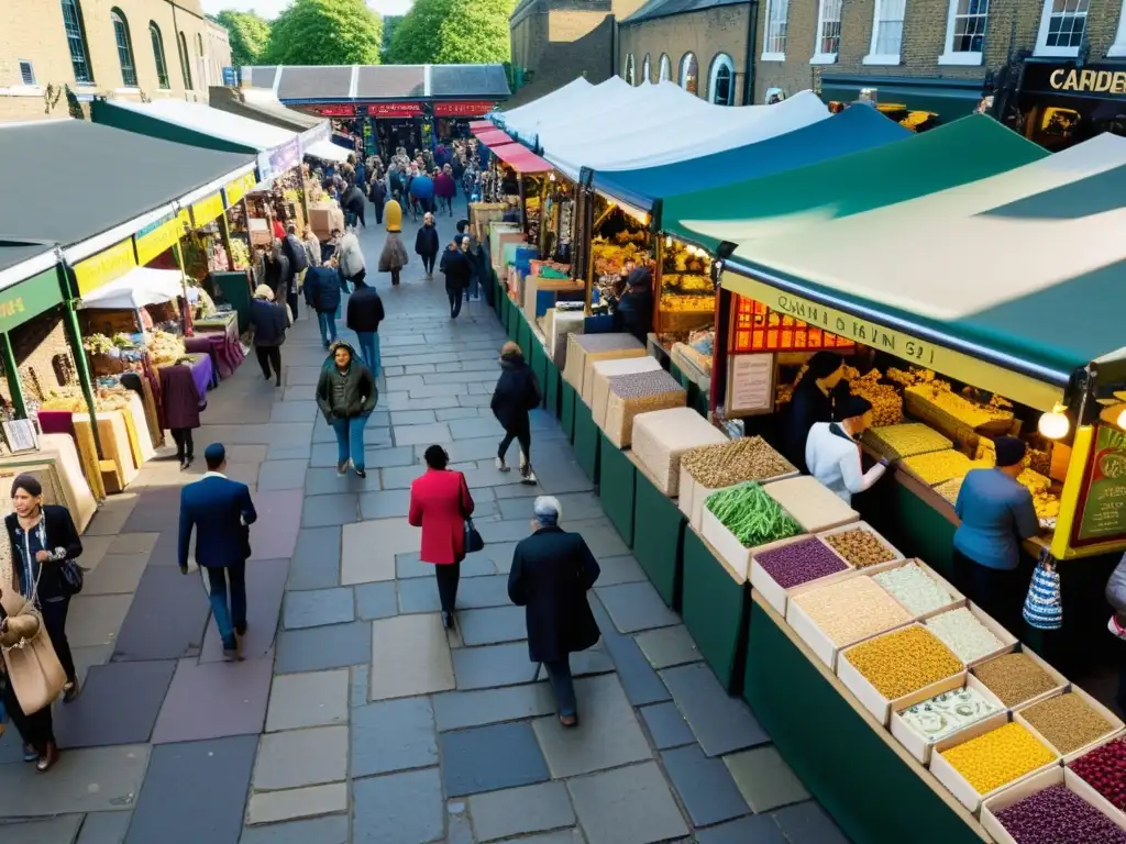 Vista detallada del bullicioso Mercado de Camden en Londres, con colores vibrantes y diversidad de productos