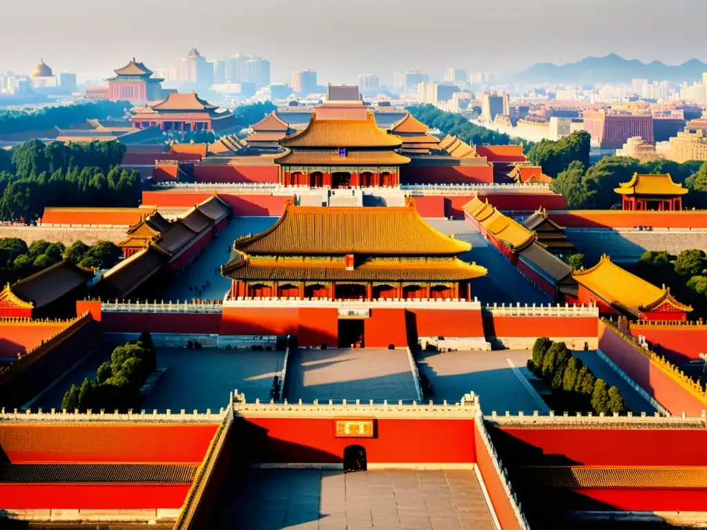 Vista detallada de la Ciudad Prohibida, con colores vibrantes y turistas explorando el sitio histórico