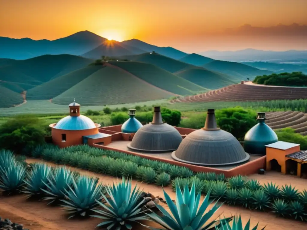 Vista detallada de una destilería de mezcal en Oaxaca, México, con los campos de agave bajo el sol poniente