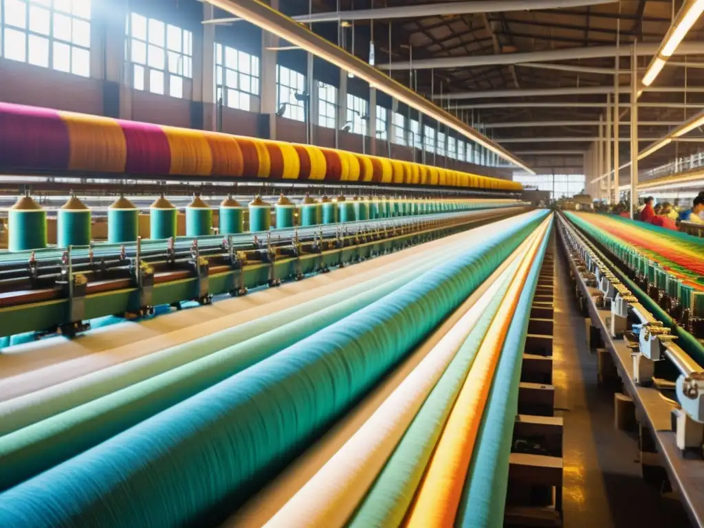 Vista detallada de una fábrica textil bulliciosa, con telares en movimiento y trabajadores concentrados entre rollos de tela