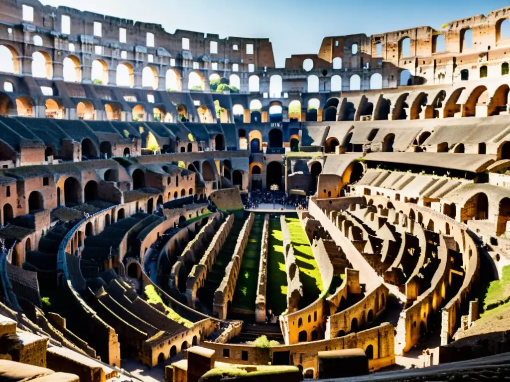 Vista detallada del interior del Coliseo Romano, con visitantes y una impresionante interacción de luz y sombra