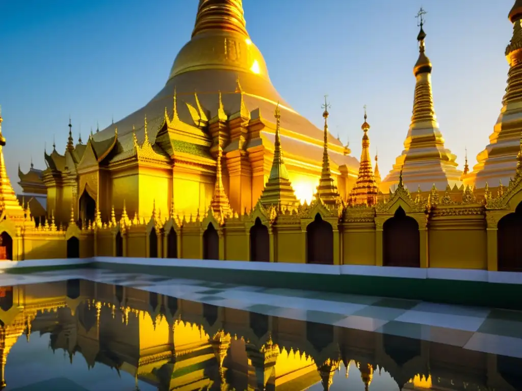 Vista detallada de la Pagoda Shwedagon al atardecer en Myanmar, con una atmósfera mística y devotos rezando