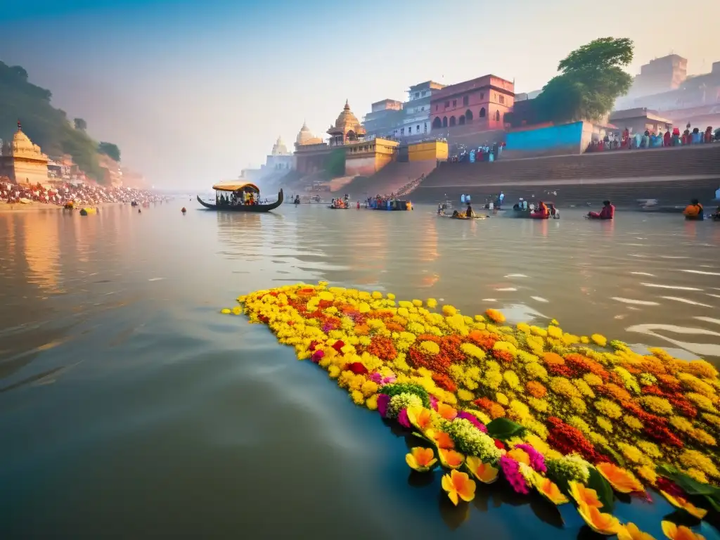 Vista detallada del río sagrado Ganges en India, con devotos realizando rituales y templos históricos a lo largo de las bulliciosas ghats