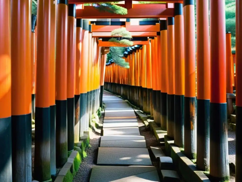 Vista detallada del santuario Fushimi Inari en Kioto, Japón, con sus icónicas puertas torii rojas y el paisaje natural