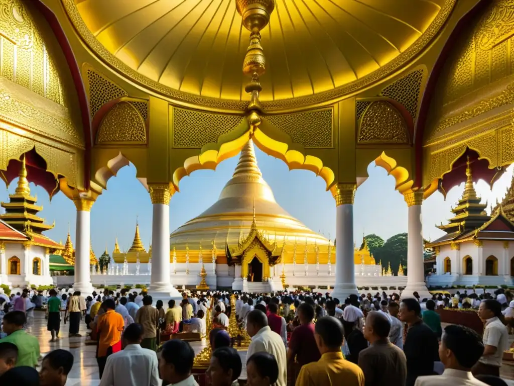 Vista detallada del templo budista Shwedagon en Yangon, Myanmar, con detalles arquitectónicos dorados y atmósfera serena