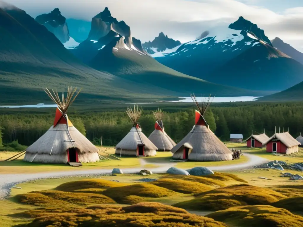 Vista documental de la aldea tradicional Haush en Tierra del Fuego, destacando la arquitectura única y elementos culturales