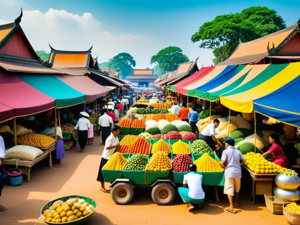 Vista documental del bullicioso mercado del Festival Pchum Ben en Camboya, con colores vibrantes y ambiente festivo