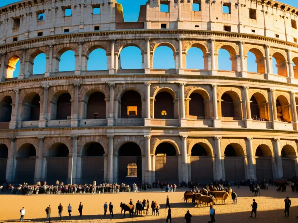 Vista documental del Coliseo Romano al atardecer, con luz dorada que resalta sus detalles arquitectónicos y la diversidad de visitantes