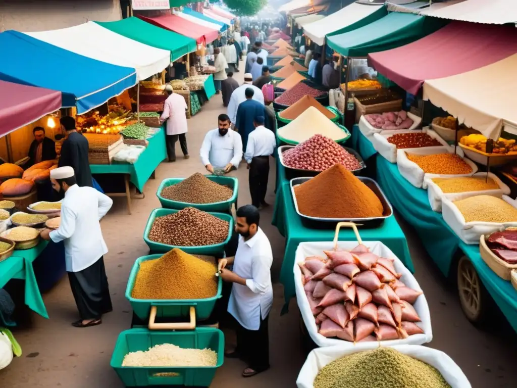 Vista documental de mercado festivo con gastronomía Eid al-Adha tradición islámica