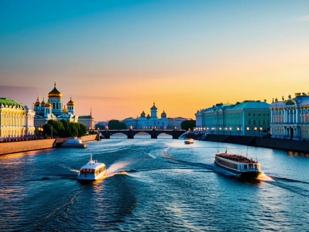 Vista documental de San Petersburgo durante las Noches Blancas, resplandeciendo bajo la luz dorada del sol de medianoche en Rusia