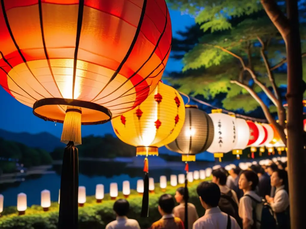 Una vista espectral del Festival Mitama Japón, donde los brillantes faroles iluminan la noche, creando un ambiente cautivador y enigmático