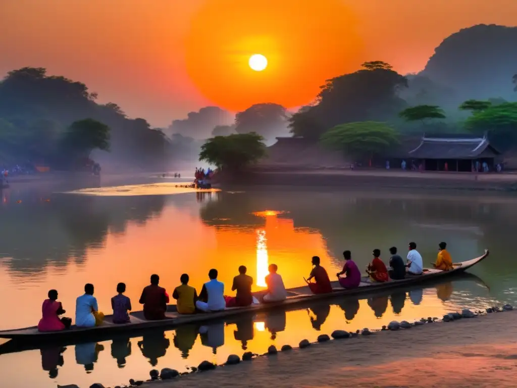 Vista impresionante de Chhath Puja tradición antigua honrar Sol en el río al atardecer, con devotos realizando rituales en el santuario natural