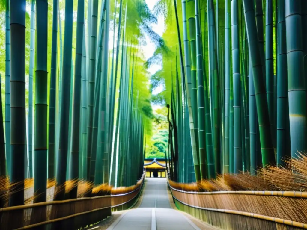 Vista impresionante del Bosque de Bambú Arashiyama en Kioto, Japón, con tradiciones culturales japonesas y festivales en el fondo