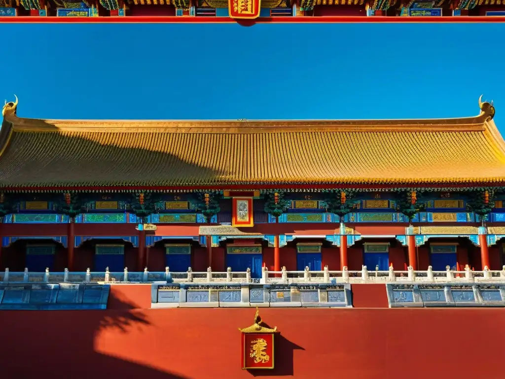 Vista impresionante de la Ciudad Prohibida, reflejando la historia imperial china con sus muros rojos y tejados dorados, bajo un cielo azul despejado