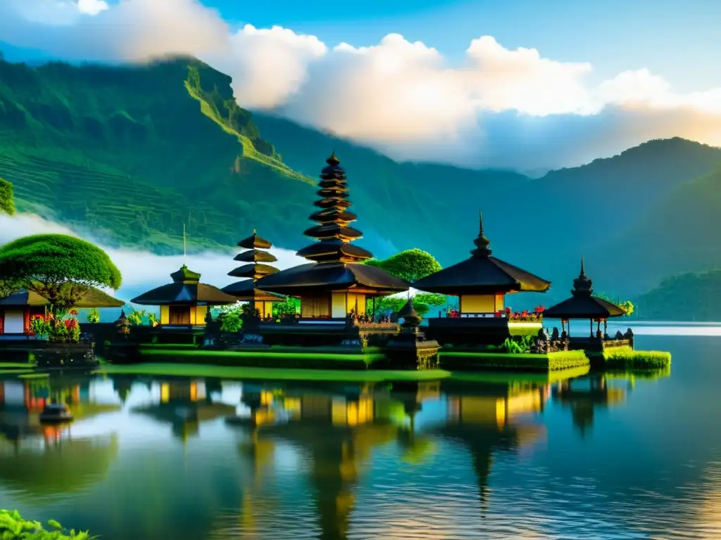 Vista impresionante del complejo del templo Pura Ulun Danu Bratan en Bali, rodeado de naturaleza exuberante