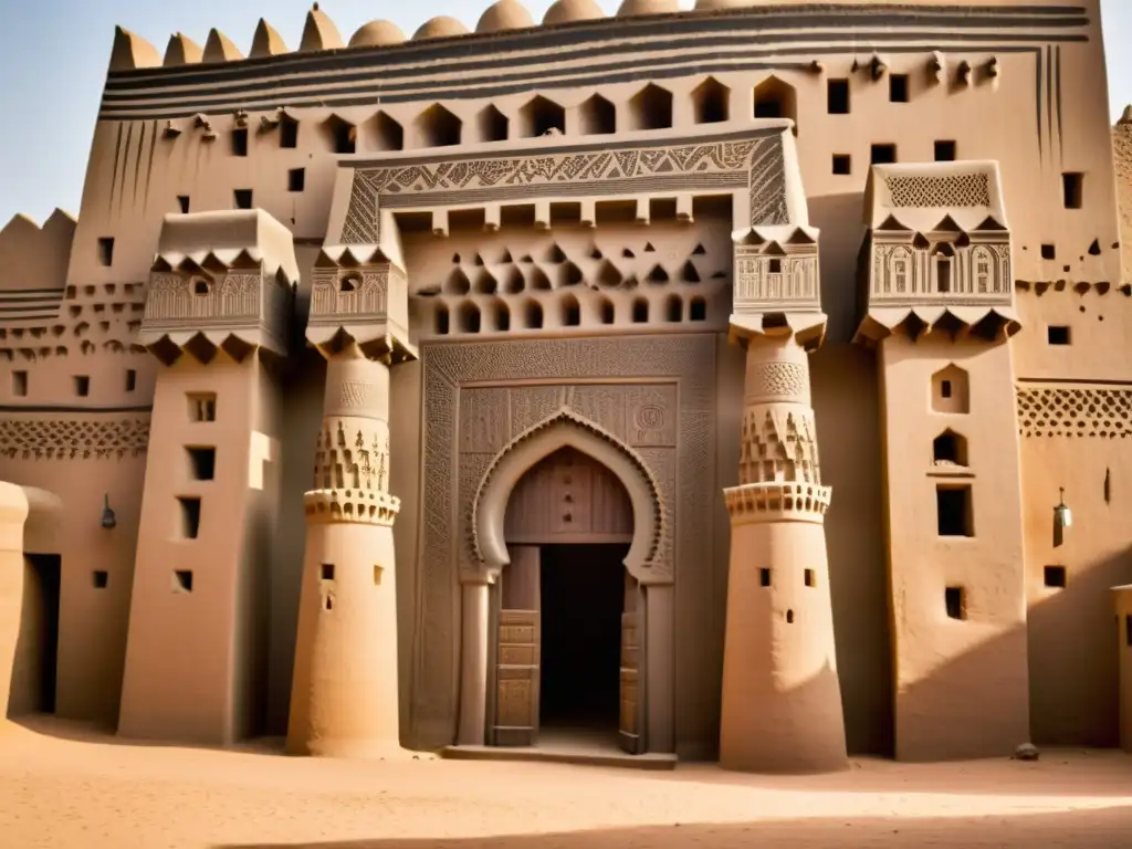 Vista impresionante de la Gran Mezquita de Djenné, destacando los estilos constructivos en África Francófona y su integración con la vida diaria y la comunidad