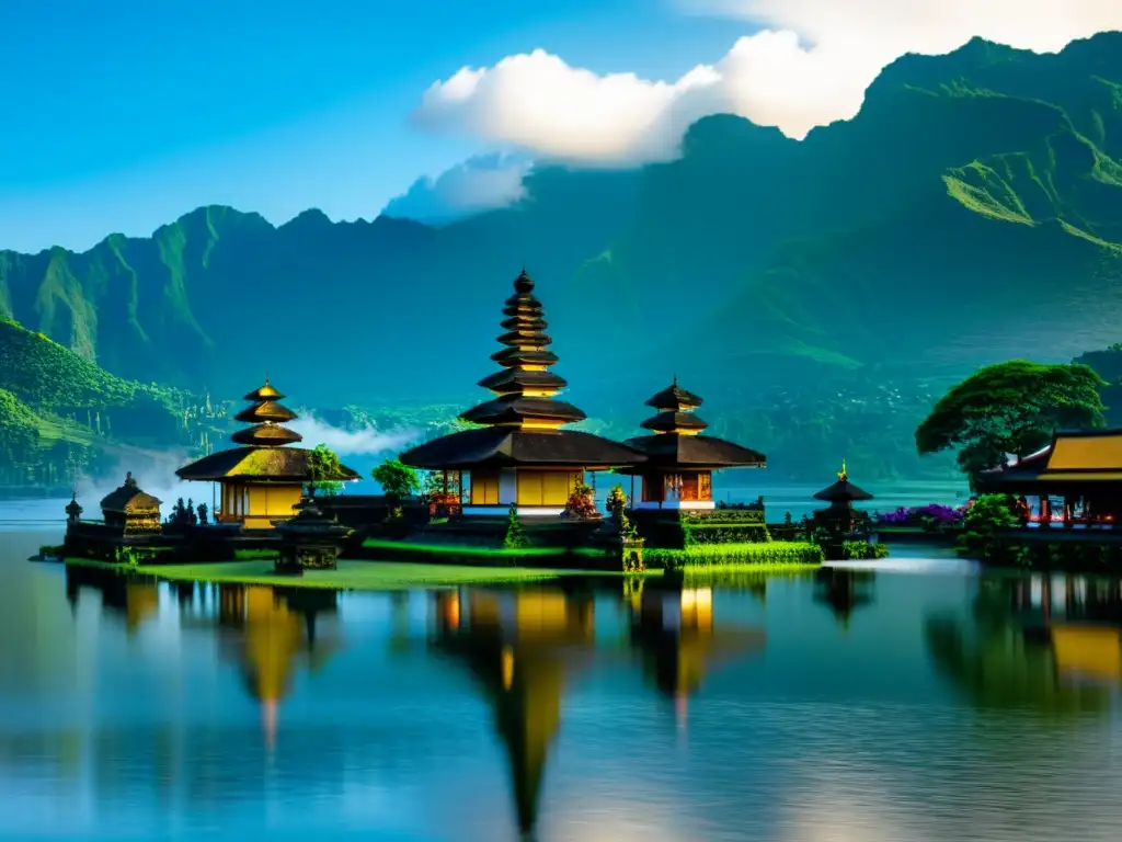 Vista impresionante del icónico templo Pura Ulun Danu Bratan en Bali, entre el lago y exuberante naturaleza