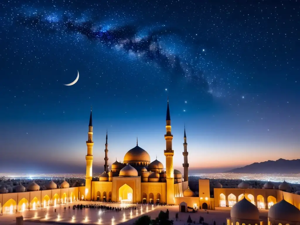 Vista impresionante de La Noche del Destino en Oriente Medio, con siluetas de mezquitas antiguas y minaretes contra un cielo estrellado