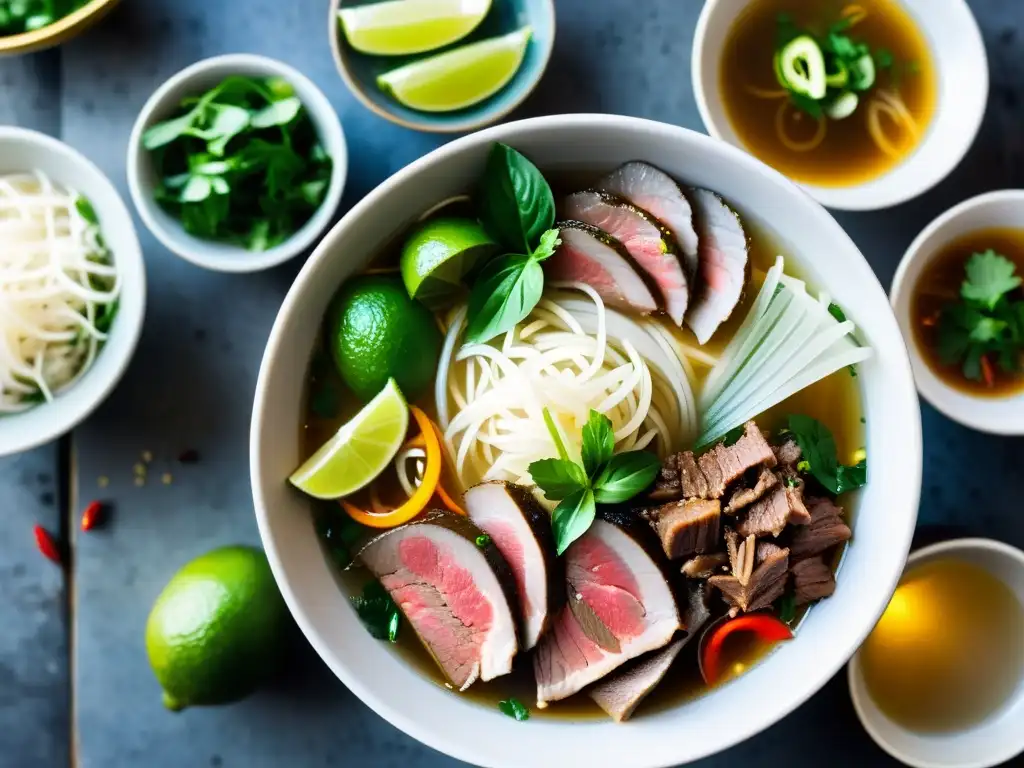 Una vista impresionante de un tazón de pho vietnamita en un animado mercado callejero de Hanoi