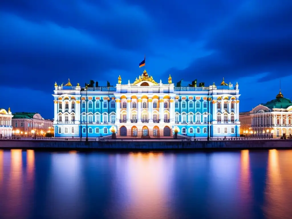 Vista mágica del Palacio de Invierno en San Petersburgo, Rusia, durante las Noches Blancas, con la Neva reflejando las luces