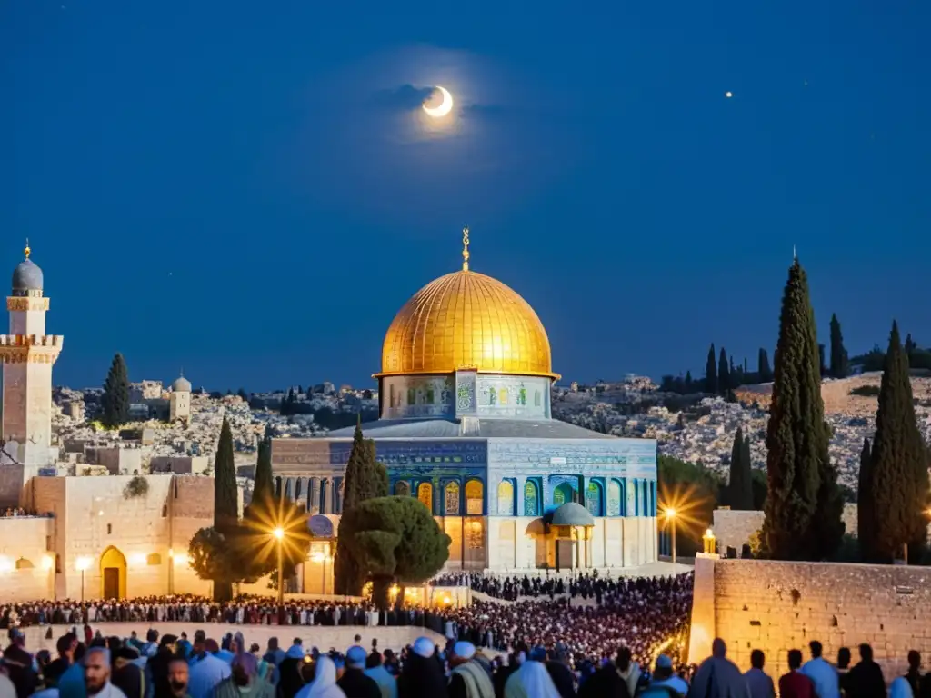 Vista nocturna de la Cúpula de la Roca iluminada durante las celebraciones Isra y Mi'raj en Palestina, con un ambiente espiritual y reverente bajo el cielo estrellado