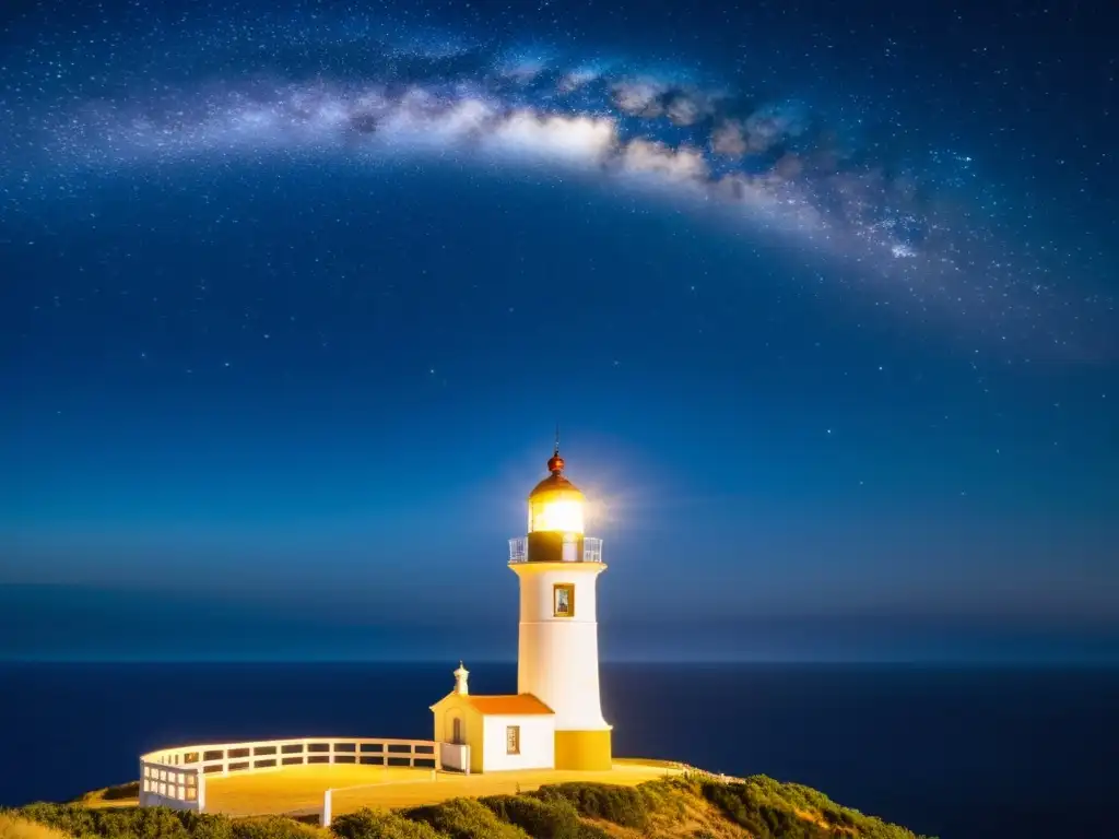 El Faro de Trafalgar: Historia y Serenidad Nocturna en España Vista nocturna del Faro de Trafalgar iluminado en España, transmitiendo la tranquilidad y la historia de las estancias en faros históricos nocturnos