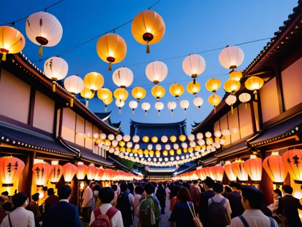 Vista nocturna del Festival de las Linternas en Japón con multitud y farolillos brillantes