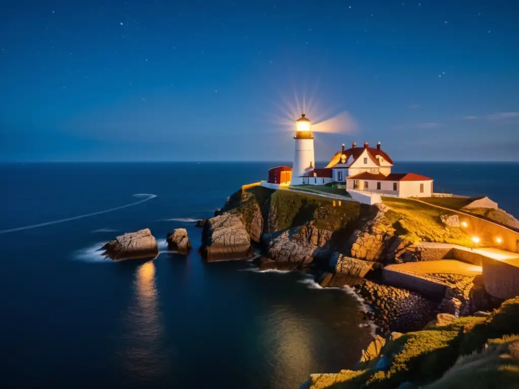 Espléndida vista nocturna de un faro histórico en acantilado Una vista nocturna impresionante de un faro histórico en un acantilado rocoso, iluminado por un potente haz de luz